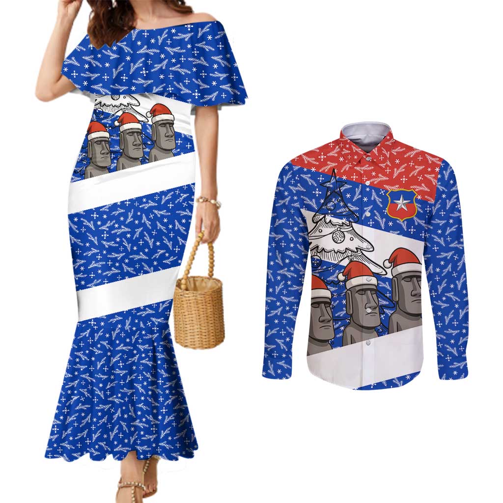 Chile Christmas Couples Matching Mermaid Dress and Long Sleeve Button Shirt with Moai Statues Santa Hats Snowflakes and Flag Colors Design - Wonder Print Shop