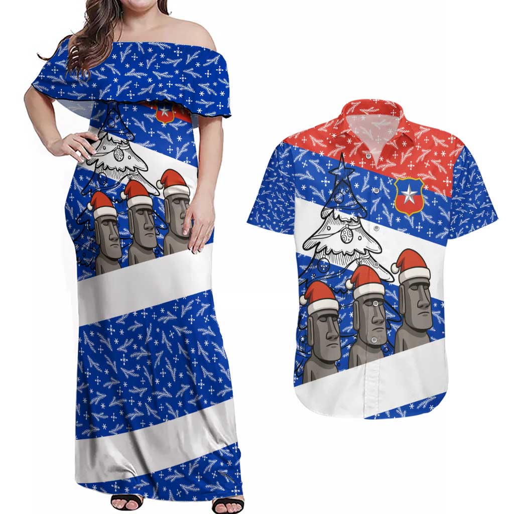 Chile Christmas Couples Matching Off Shoulder Maxi Dress and Hawaiian Shirt with Moai Statues Santa Hats Snowflakes and Flag Colors Design - Wonder Print Shop