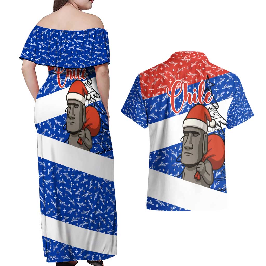 Chile Christmas Couples Matching Off Shoulder Maxi Dress and Hawaiian Shirt with Moai Statues Santa Hats Snowflakes and Flag Colors Design - Wonder Print Shop