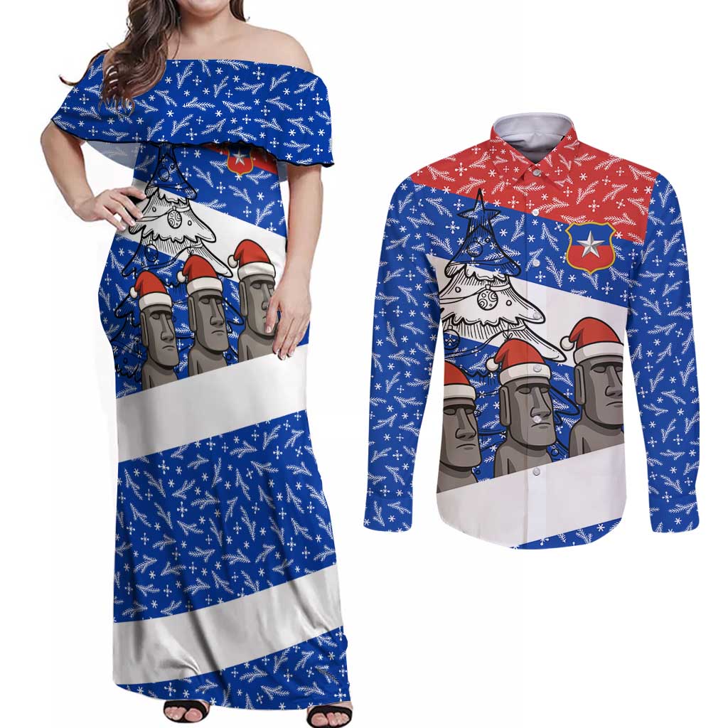 Chile Christmas Couples Matching Off Shoulder Maxi Dress and Long Sleeve Button Shirt with Moai Statues Santa Hats Snowflakes and Flag Colors Design - Wonder Print Shop