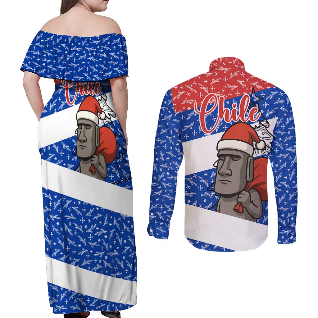 Chile Christmas Couples Matching Off Shoulder Maxi Dress and Long Sleeve Button Shirt with Moai Statues Santa Hats Snowflakes and Flag Colors Design - Wonder Print Shop