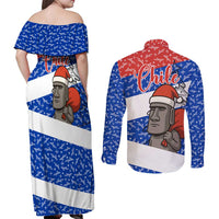 Chile Christmas Couples Matching Off Shoulder Maxi Dress and Long Sleeve Button Shirt with Moai Statues Santa Hats Snowflakes and Flag Colors Design - Wonder Print Shop