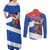 Chile Christmas Couples Matching Off Shoulder Maxi Dress and Long Sleeve Button Shirt with Moai Statues Santa Hats Snowflakes and Flag Colors Design - Wonder Print Shop