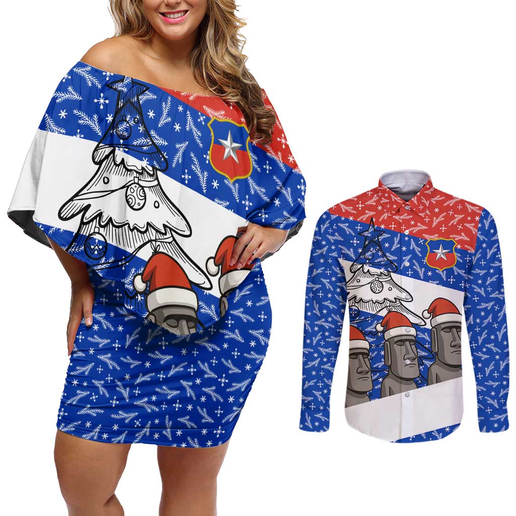 Chile Christmas Couples Matching Off Shoulder Short Dress and Long Sleeve Button Shirt with Moai Statues Santa Hats Snowflakes and Flag Colors Design - Wonder Print Shop