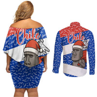 Chile Christmas Couples Matching Off Shoulder Short Dress and Long Sleeve Button Shirt with Moai Statues Santa Hats Snowflakes and Flag Colors Design - Wonder Print Shop