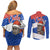 Chile Christmas Couples Matching Off Shoulder Short Dress and Long Sleeve Button Shirt with Moai Statues Santa Hats Snowflakes and Flag Colors Design - Wonder Print Shop