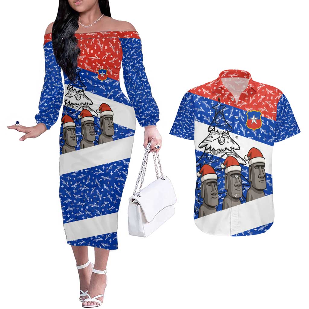 Chile Christmas Couples Matching Off The Shoulder Long Sleeve Dress and Hawaiian Shirt with Moai Statues Santa Hats Snowflakes and Flag Colors Design - Wonder Print Shop