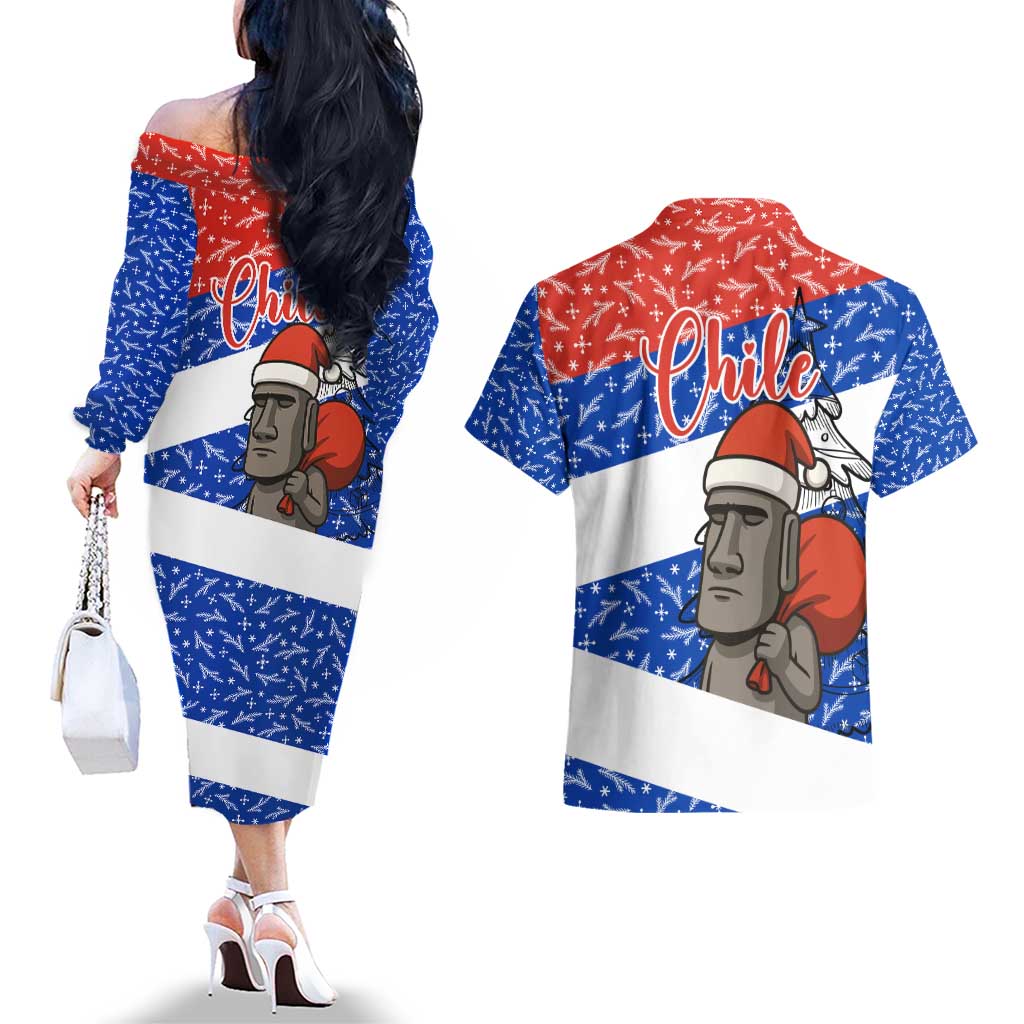 Chile Christmas Couples Matching Off The Shoulder Long Sleeve Dress and Hawaiian Shirt with Moai Statues Santa Hats Snowflakes and Flag Colors Design - Wonder Print Shop