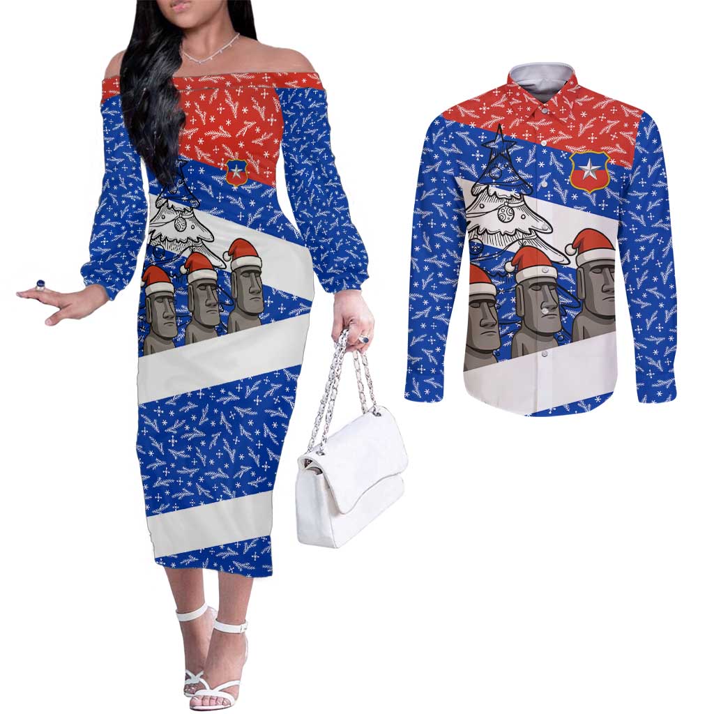 Chile Christmas Couples Matching Off The Shoulder Long Sleeve Dress and Long Sleeve Button Shirt with Moai Statues Santa Hats Snowflakes and Flag Colors Design - Wonder Print Shop
