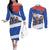 Chile Christmas Couples Matching Off The Shoulder Long Sleeve Dress and Long Sleeve Button Shirt with Moai Statues Santa Hats Snowflakes and Flag Colors Design - Wonder Print Shop