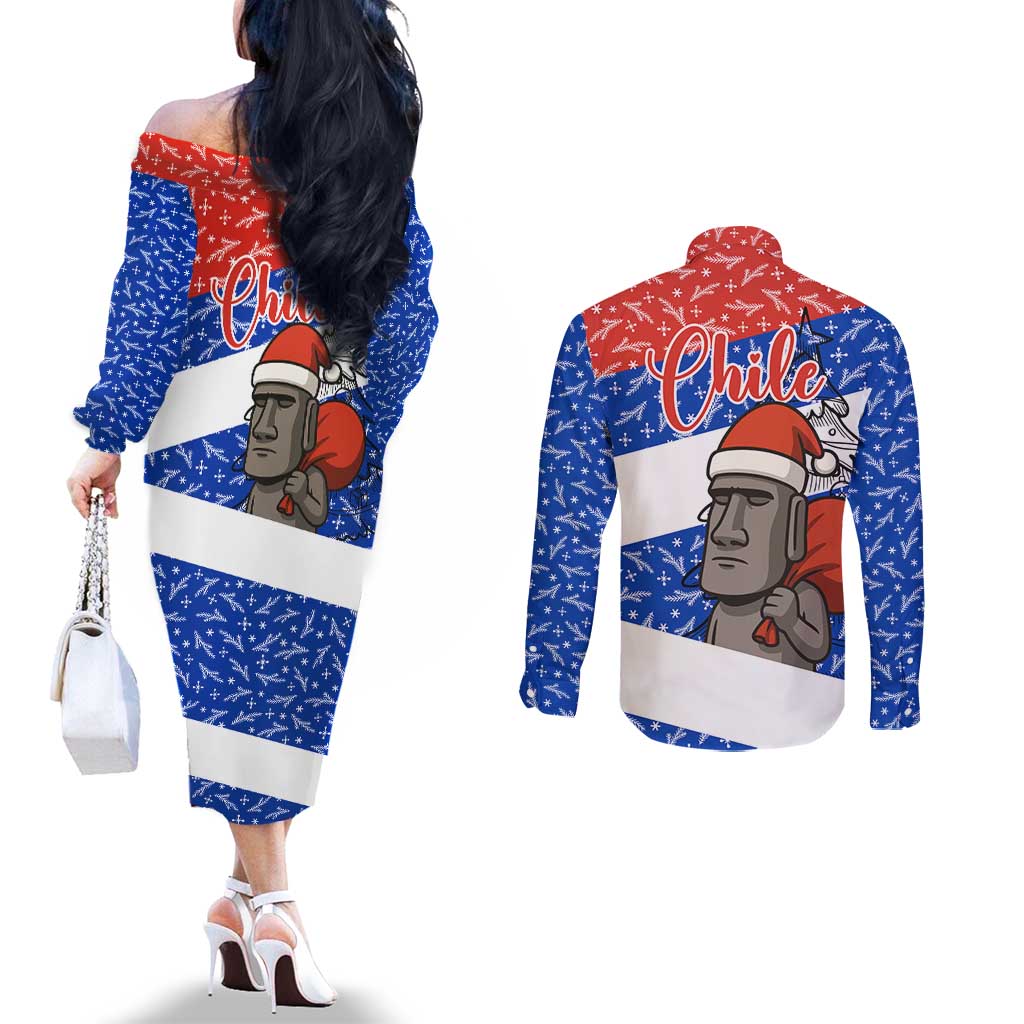 Chile Christmas Couples Matching Off The Shoulder Long Sleeve Dress and Long Sleeve Button Shirt with Moai Statues Santa Hats Snowflakes and Flag Colors Design - Wonder Print Shop