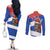 Chile Christmas Couples Matching Off The Shoulder Long Sleeve Dress and Long Sleeve Button Shirt with Moai Statues Santa Hats Snowflakes and Flag Colors Design - Wonder Print Shop