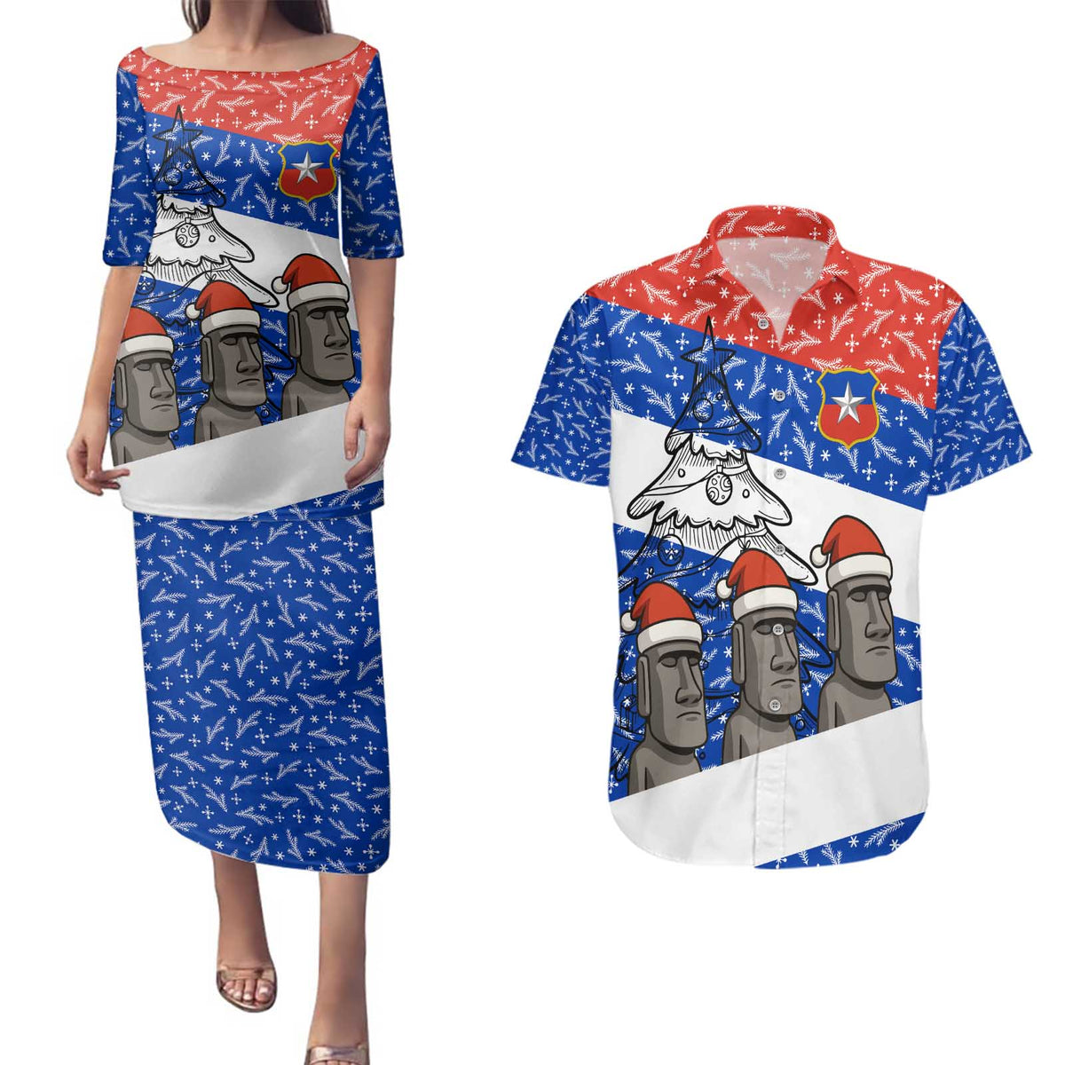 Chile Christmas Couples Matching Puletasi and Hawaiian Shirt with Moai Statues Santa Hats Snowflakes and Flag Colors Design - Wonder Print Shop