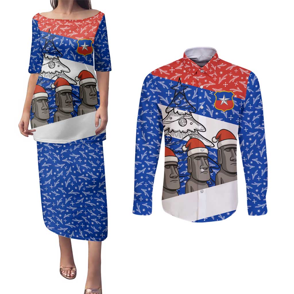Chile Christmas Couples Matching Puletasi and Long Sleeve Button Shirt with Moai Statues Santa Hats Snowflakes and Flag Colors Design - Wonder Print Shop