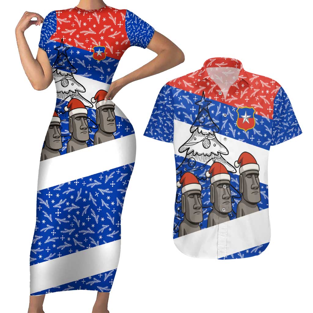 Chile Christmas Couples Matching Short Sleeve Bodycon Dress and Hawaiian Shirt with Moai Statues Santa Hats Snowflakes and Flag Colors Design - Wonder Print Shop