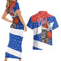Chile Christmas Couples Matching Short Sleeve Bodycon Dress and Hawaiian Shirt with Moai Statues Santa Hats Snowflakes and Flag Colors Design - Wonder Print Shop