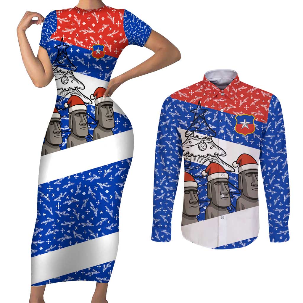 Chile Christmas Couples Matching Short Sleeve Bodycon Dress and Long Sleeve Button Shirt with Moai Statues Santa Hats Snowflakes and Flag Colors Design - Wonder Print Shop
