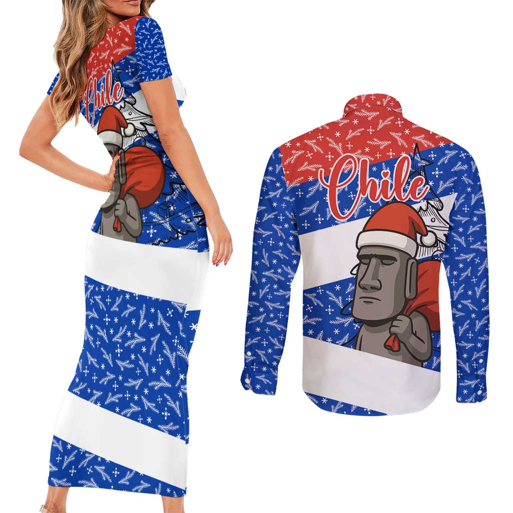 Chile Christmas Couples Matching Short Sleeve Bodycon Dress and Long Sleeve Button Shirt with Moai Statues Santa Hats Snowflakes and Flag Colors Design - Wonder Print Shop