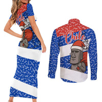 Chile Christmas Couples Matching Short Sleeve Bodycon Dress and Long Sleeve Button Shirt with Moai Statues Santa Hats Snowflakes and Flag Colors Design - Wonder Print Shop