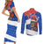 Chile Christmas Couples Matching Short Sleeve Bodycon Dress and Long Sleeve Button Shirt with Moai Statues Santa Hats Snowflakes and Flag Colors Design - Wonder Print Shop