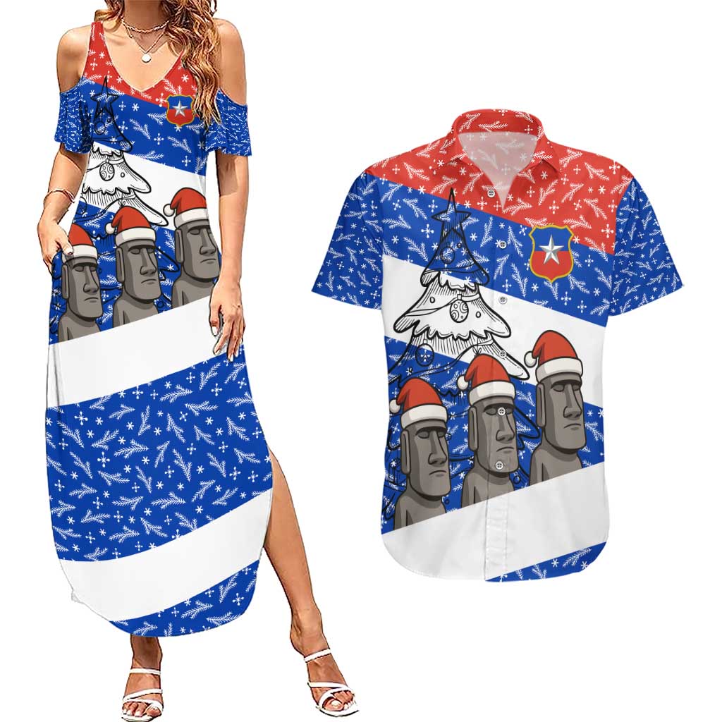 Chile Christmas Couples Matching Summer Maxi Dress and Hawaiian Shirt with Moai Statues Santa Hats Snowflakes and Flag Colors Design - Wonder Print Shop