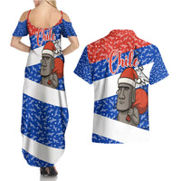 Chile Christmas Couples Matching Summer Maxi Dress and Hawaiian Shirt with Moai Statues Santa Hats Snowflakes and Flag Colors Design - Wonder Print Shop