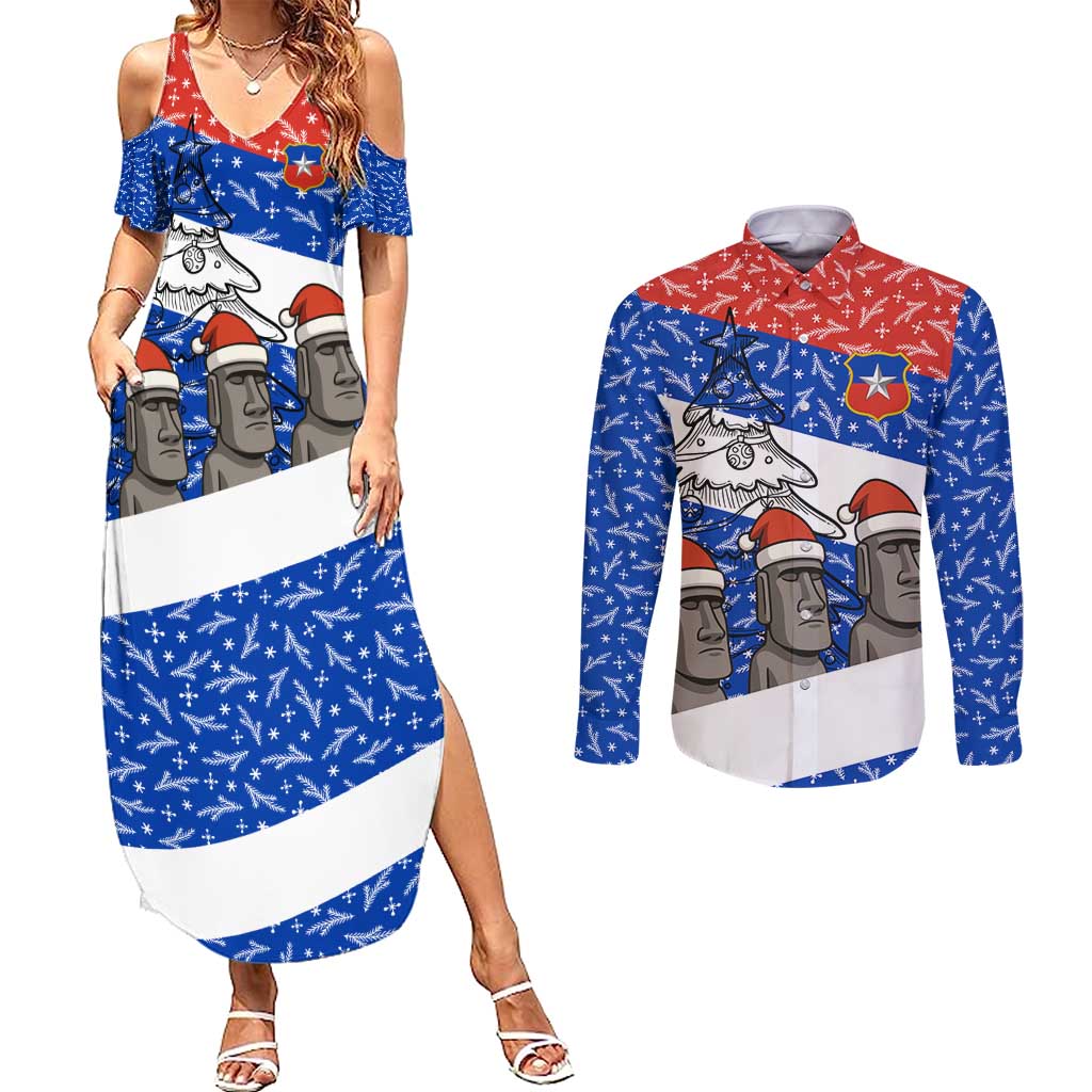 Chile Christmas Couples Matching Summer Maxi Dress and Long Sleeve Button Shirt with Moai Statues Santa Hats Snowflakes and Flag Colors Design - Wonder Print Shop