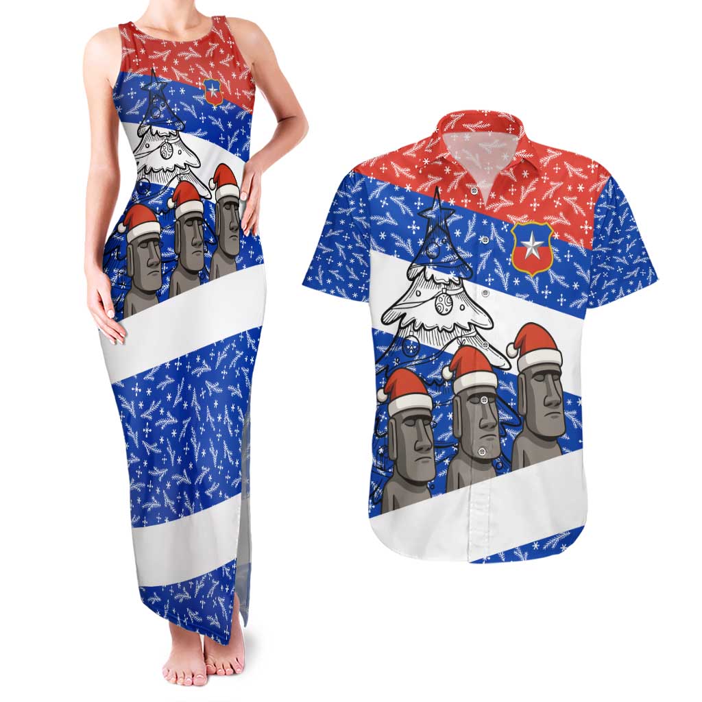 Chile Christmas Couples Matching Tank Maxi Dress and Hawaiian Shirt with Moai Statues Santa Hats Snowflakes and Flag Colors Design - Wonder Print Shop