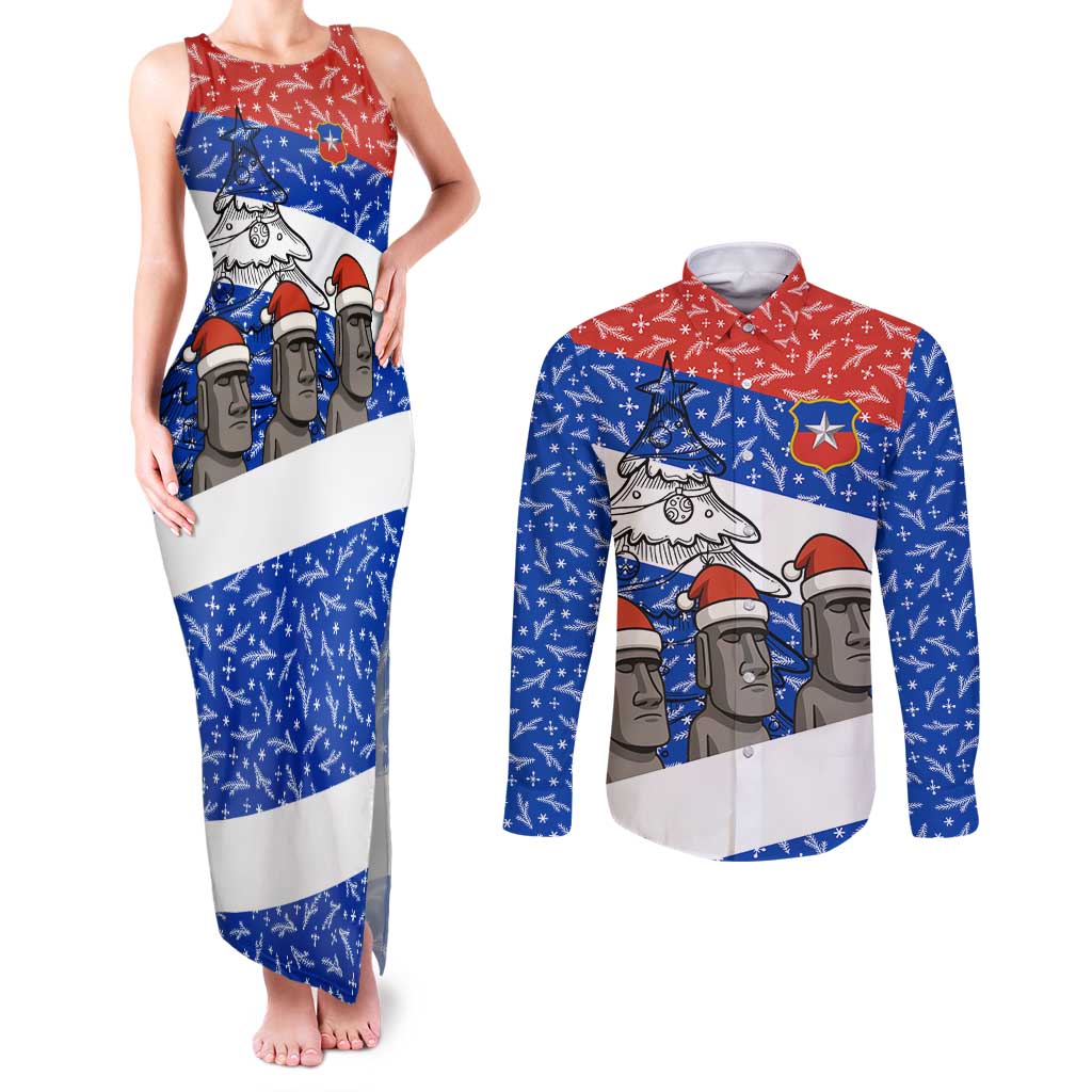 Chile Christmas Couples Matching Tank Maxi Dress and Long Sleeve Button Shirt with Moai Statues Santa Hats Snowflakes and Flag Colors Design - Wonder Print Shop