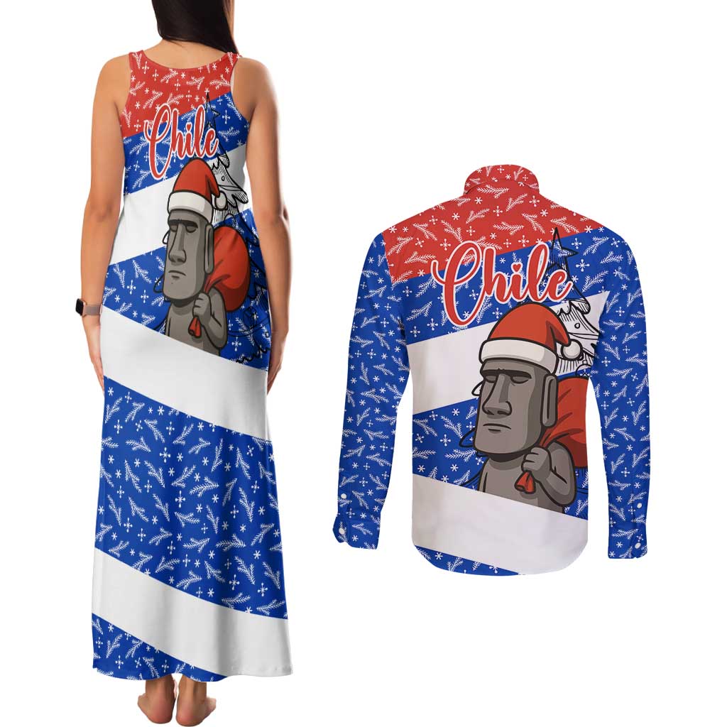 Chile Christmas Couples Matching Tank Maxi Dress and Long Sleeve Button Shirt with Moai Statues Santa Hats Snowflakes and Flag Colors Design - Wonder Print Shop