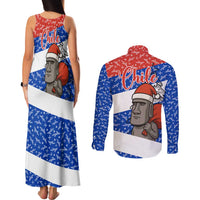 Chile Christmas Couples Matching Tank Maxi Dress and Long Sleeve Button Shirt with Moai Statues Santa Hats Snowflakes and Flag Colors Design - Wonder Print Shop