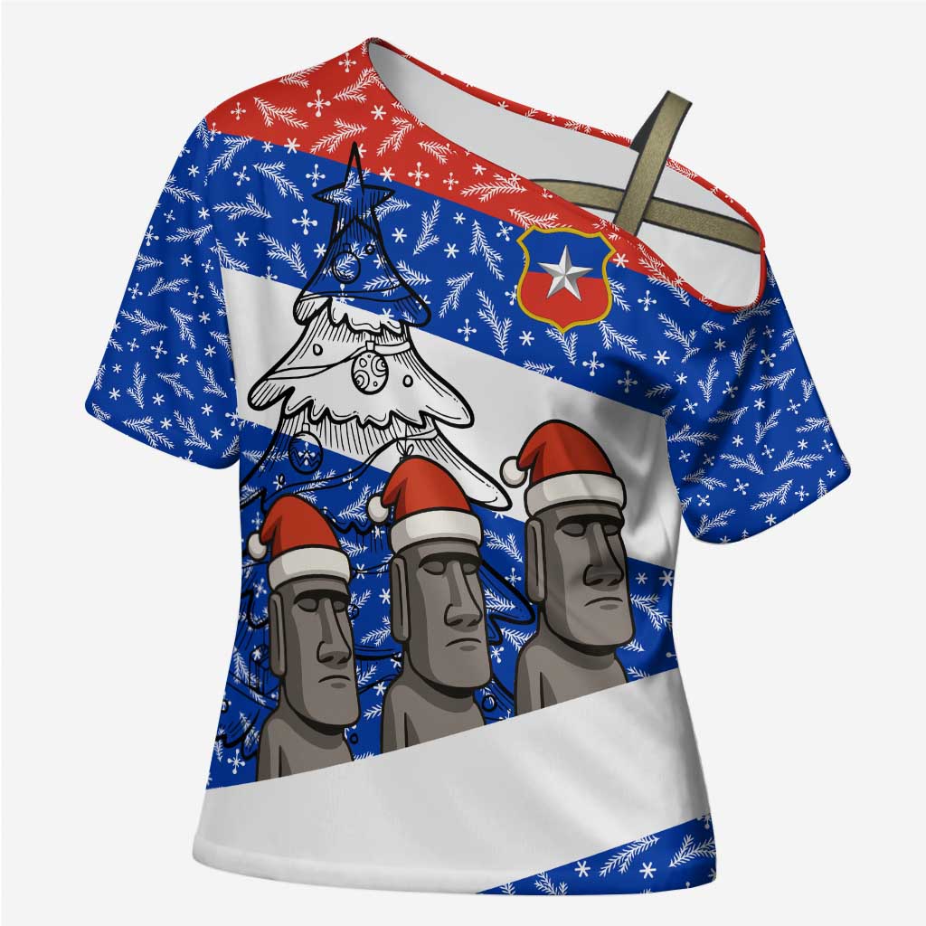 Chile Christmas Cross Shoulder Shirt with Moai Statues Santa Hats Snowflakes and Flag Colors Design - Wonder Print Shop