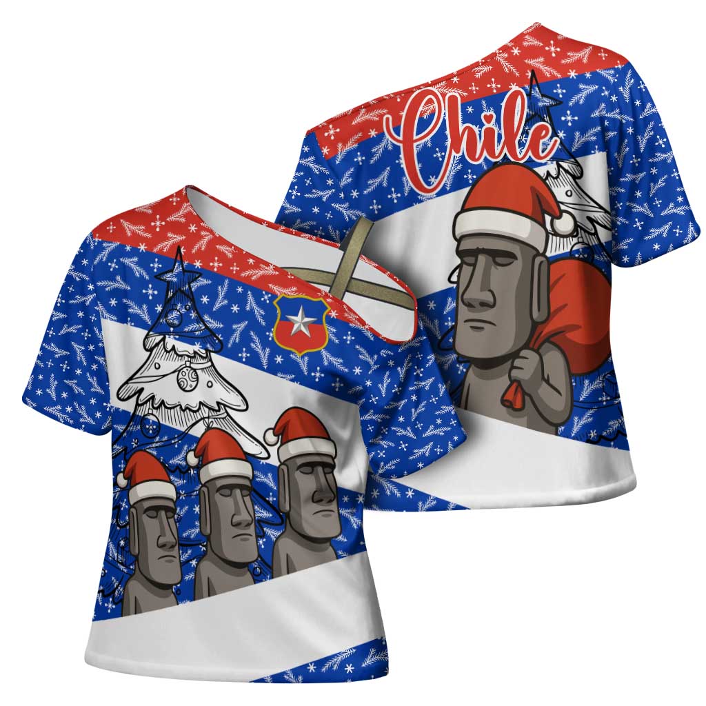 Chile Christmas Cross Shoulder Shirt with Moai Statues Santa Hats Snowflakes and Flag Colors Design - Wonder Print Shop