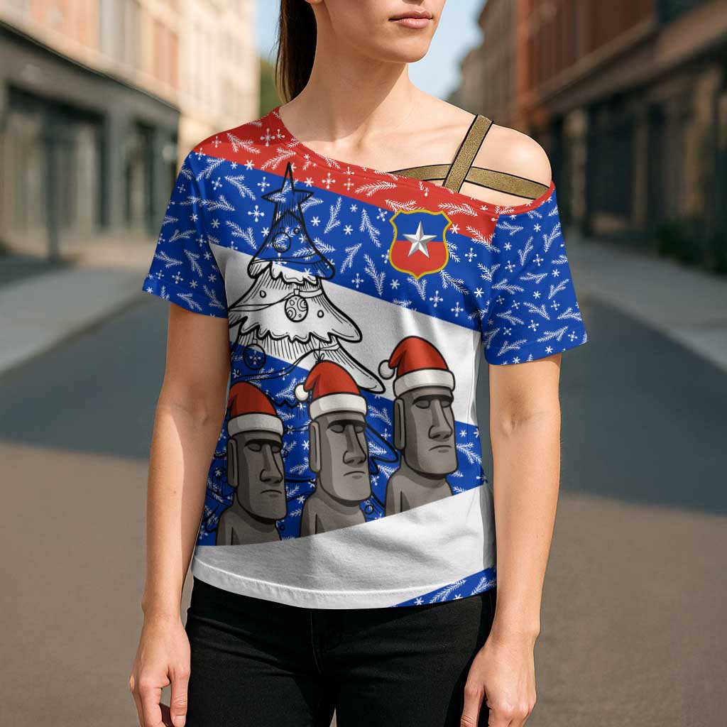 Chile Christmas Cross Shoulder Shirt with Moai Statues Santa Hats Snowflakes and Flag Colors Design - Wonder Print Shop