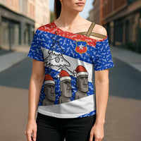 Chile Christmas Cross Shoulder Shirt with Moai Statues Santa Hats Snowflakes and Flag Colors Design - Wonder Print Shop