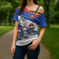 Chile Christmas Cross Shoulder Shirt with Moai Statues Santa Hats Snowflakes and Flag Colors Design - Wonder Print Shop