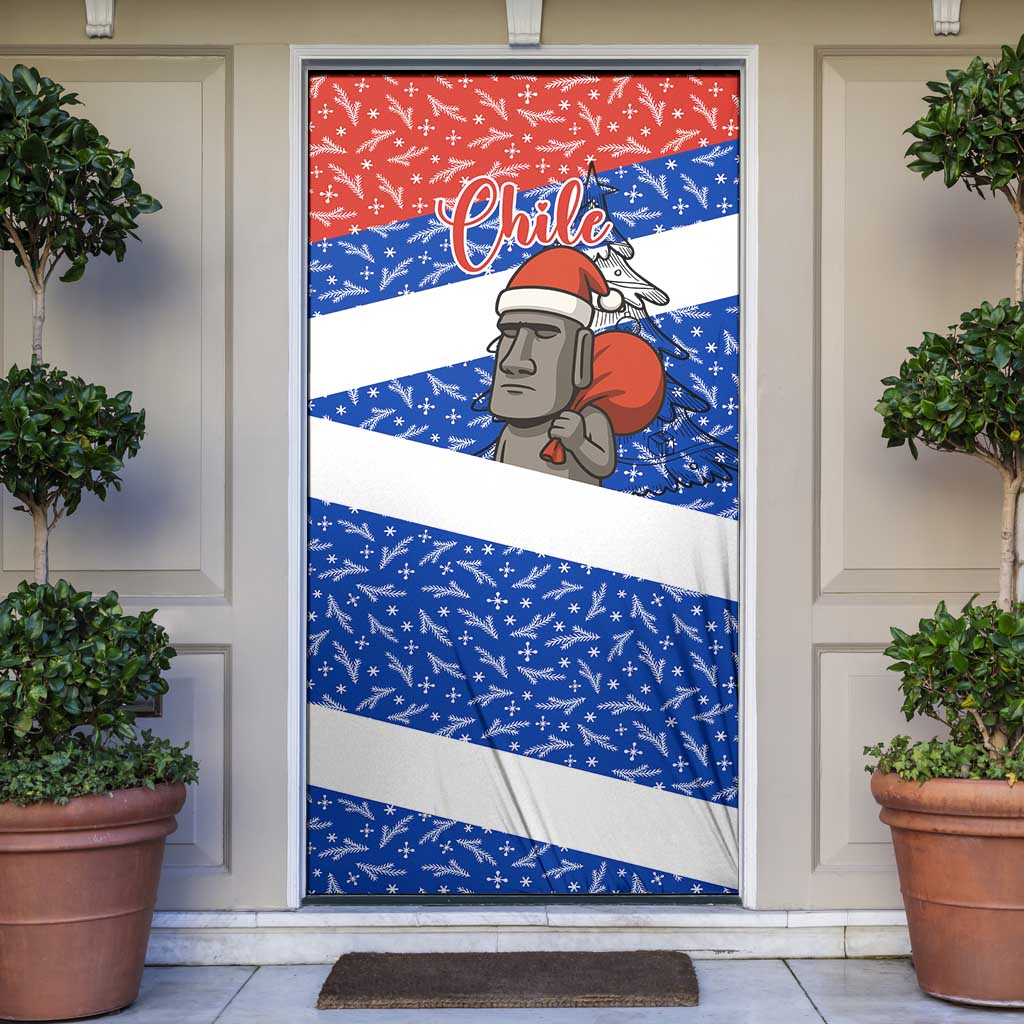 Chile Christmas Door Cover with Moai Statues Santa Hats Snowflakes and Flag Colors Design - Wonder Print Shop