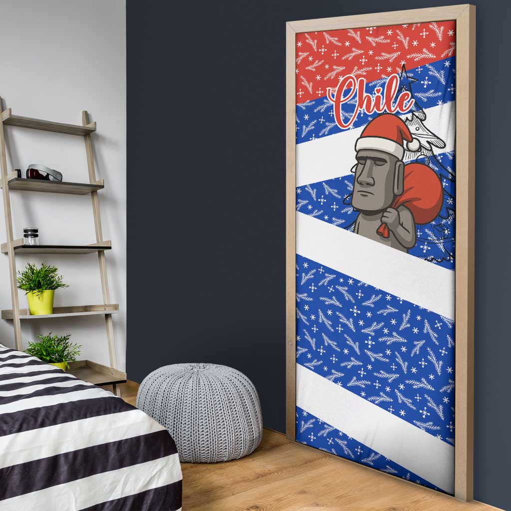 Chile Christmas Door Cover with Moai Statues Santa Hats Snowflakes and Flag Colors Design - Wonder Print Shop