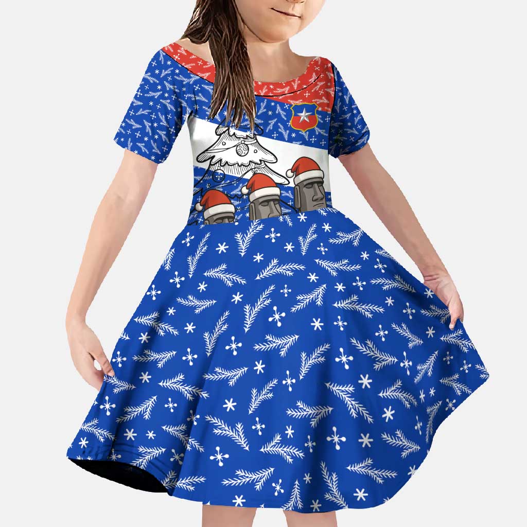 Chile Christmas Family Matching Long Sleeve Bodycon Dress and Hawaiian Shirt with Moai Statues Santa Hats Snowflakes and Flag Colors Design - Wonder Print Shop