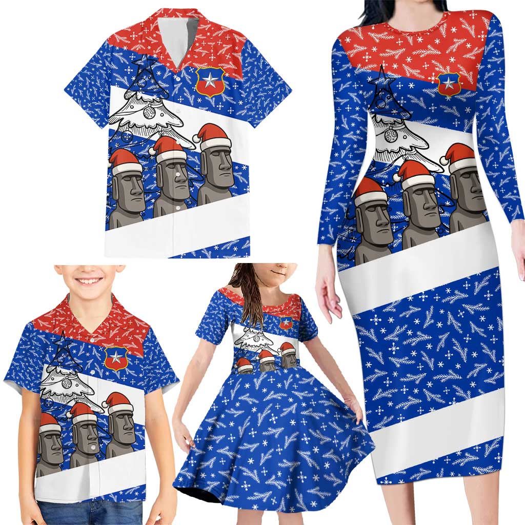 Chile Christmas Family Matching Long Sleeve Bodycon Dress and Hawaiian Shirt with Moai Statues Santa Hats Snowflakes and Flag Colors Design - Wonder Print Shop