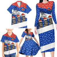 Chile Christmas Family Matching Long Sleeve Bodycon Dress and Hawaiian Shirt with Moai Statues Santa Hats Snowflakes and Flag Colors Design - Wonder Print Shop