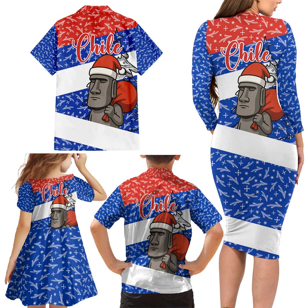 Chile Christmas Family Matching Long Sleeve Bodycon Dress and Hawaiian Shirt with Moai Statues Santa Hats Snowflakes and Flag Colors Design - Wonder Print Shop