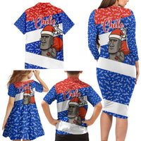Chile Christmas Family Matching Long Sleeve Bodycon Dress and Hawaiian Shirt with Moai Statues Santa Hats Snowflakes and Flag Colors Design - Wonder Print Shop
