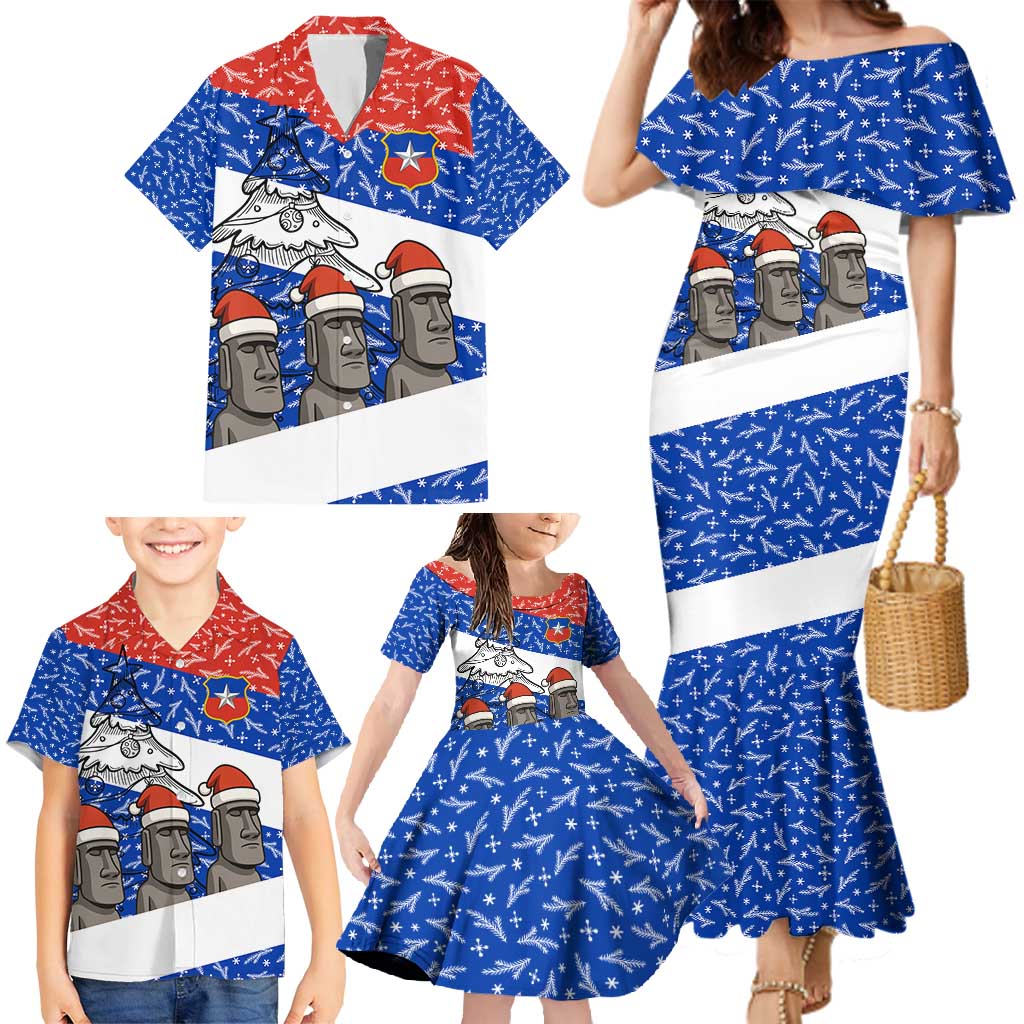 Chile Christmas Family Matching Mermaid Dress and Hawaiian Shirt with Moai Statues Santa Hats Snowflakes and Flag Colors Design - Wonder Print Shop