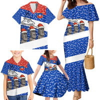 Chile Christmas Family Matching Mermaid Dress and Hawaiian Shirt with Moai Statues Santa Hats Snowflakes and Flag Colors Design - Wonder Print Shop
