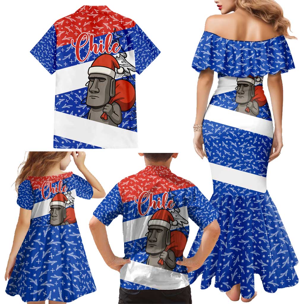 Chile Christmas Family Matching Mermaid Dress and Hawaiian Shirt with Moai Statues Santa Hats Snowflakes and Flag Colors Design - Wonder Print Shop