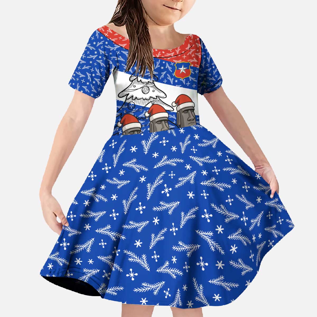 Chile Christmas Family Matching Off The Shoulder Long Sleeve Dress and Hawaiian Shirt with Moai Statues Santa Hats Snowflakes and Flag Colors Design - Wonder Print Shop