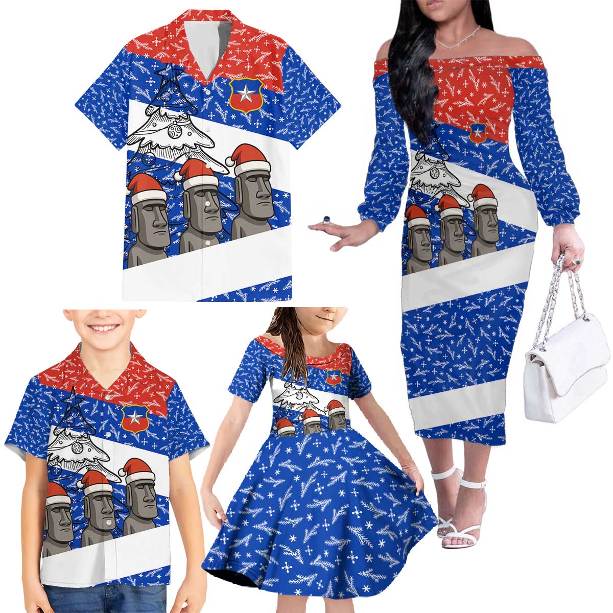 Chile Christmas Family Matching Off The Shoulder Long Sleeve Dress and Hawaiian Shirt with Moai Statues Santa Hats Snowflakes and Flag Colors Design - Wonder Print Shop