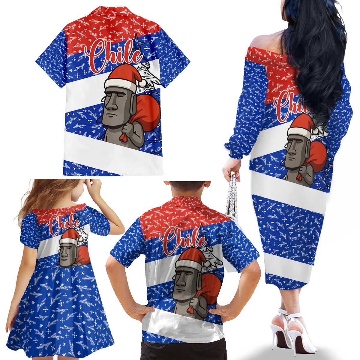 Chile Christmas Family Matching Off The Shoulder Long Sleeve Dress and Hawaiian Shirt with Moai Statues Santa Hats Snowflakes and Flag Colors Design - Wonder Print Shop