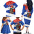 Chile Christmas Family Matching Off The Shoulder Long Sleeve Dress and Hawaiian Shirt with Moai Statues Santa Hats Snowflakes and Flag Colors Design - Wonder Print Shop